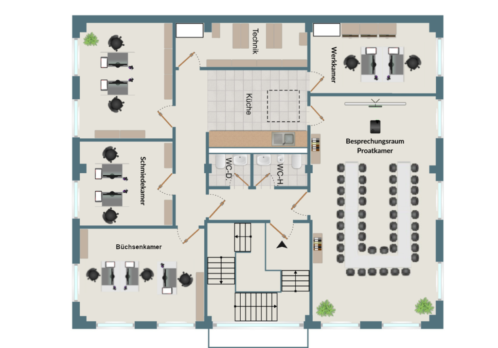 Grundriss des TATKRAFT Coworking Spaces mit Besprechungsraum, Büros und Küche